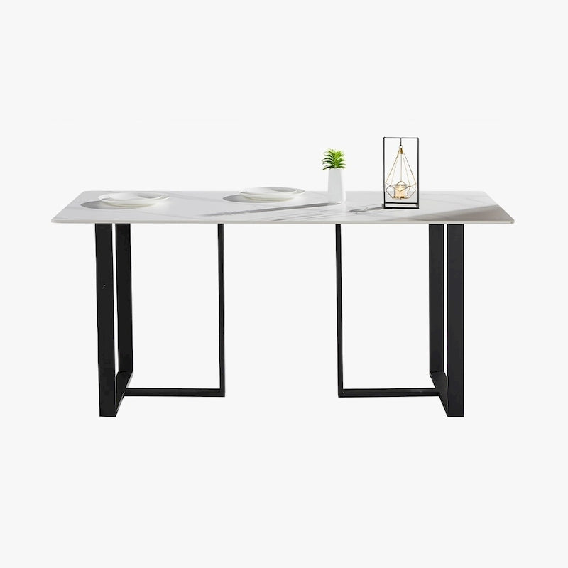 63 Modern and Minimalist Rectangular Stone Dining Table, Black Metal Frame