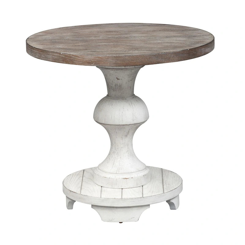 Heavy Distressed White Round End Table with Gravel Top