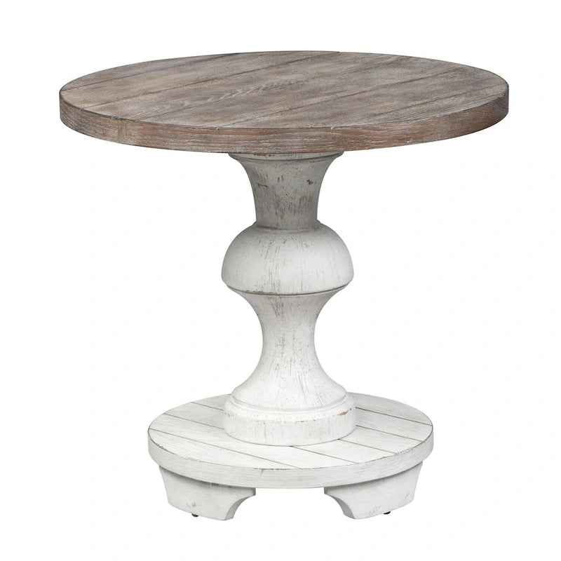 Heavy Distressed White Round End Table with Gravel Top