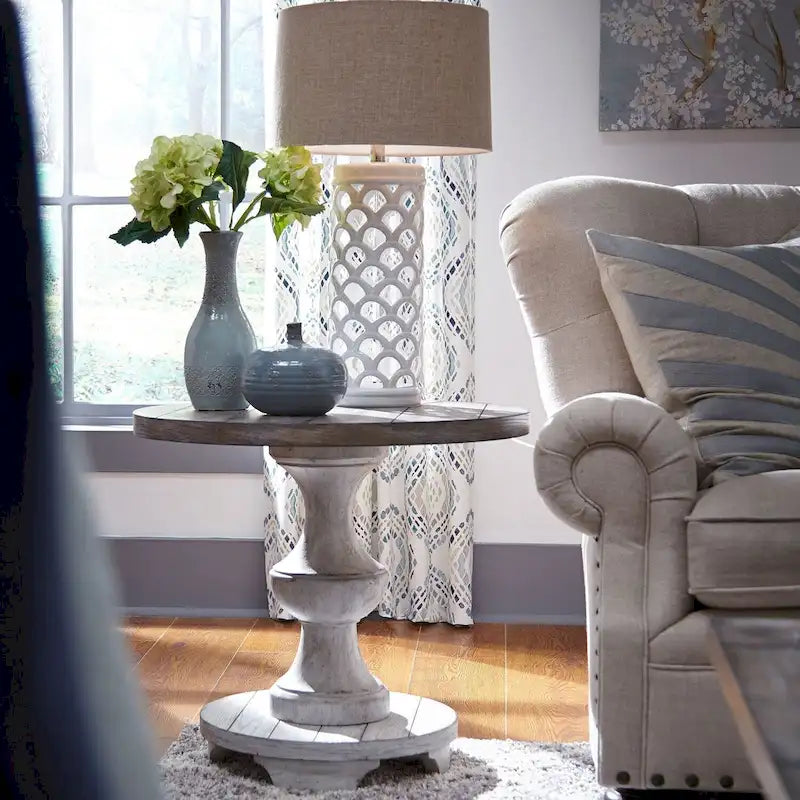 Heavy Distressed White Round End Table with Gravel Top