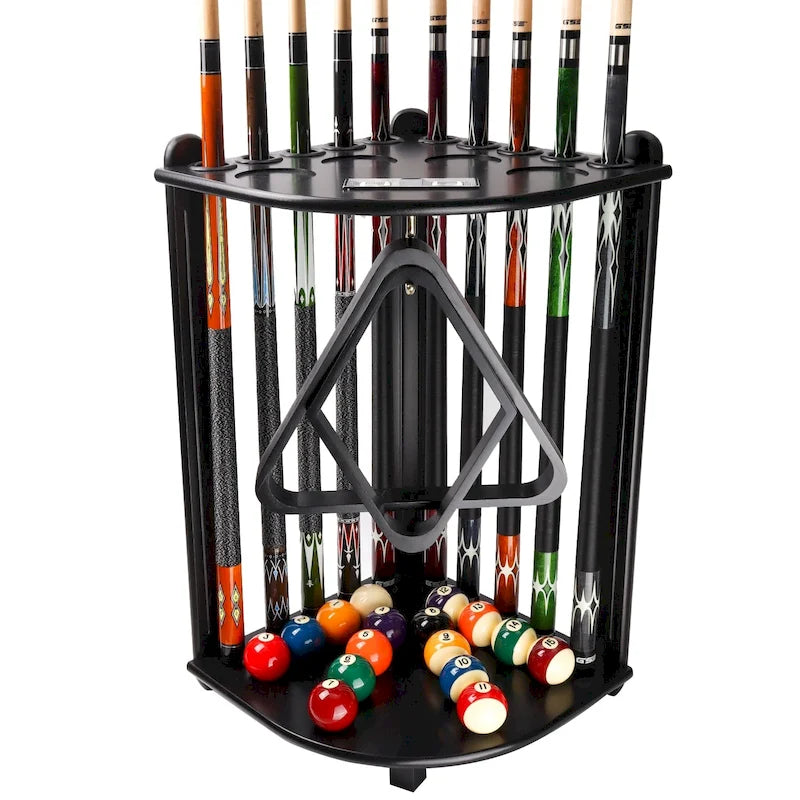 10-Pool Cue Wooden Corner-Style Billiard Rack with Floor Stand