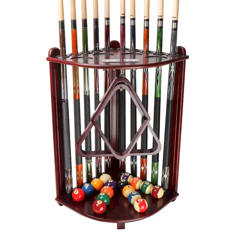 10-Pool Cue Wooden Corner-Style Billiard Rack with Floor Stand