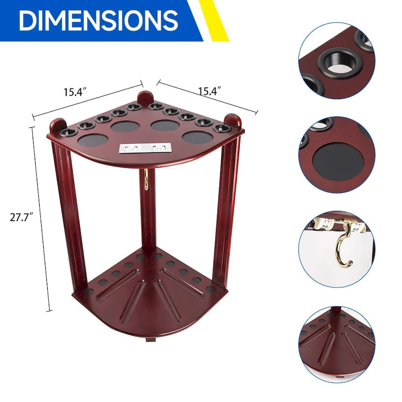 10-Pool Cue Wooden Corner-Style Billiard Rack with Floor Stand