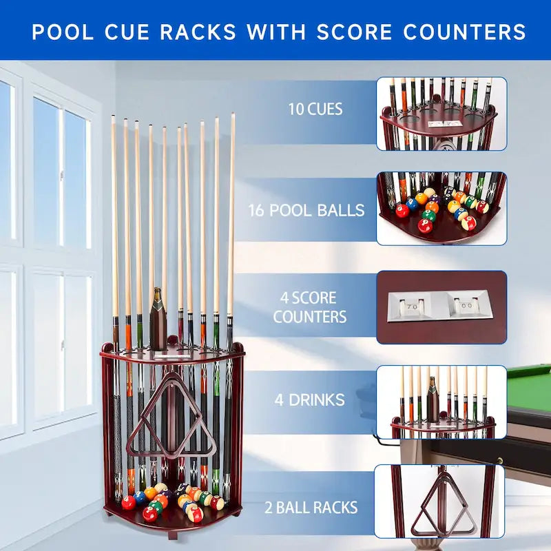 10-Pool Cue Wooden Corner-Style Billiard Rack with Floor Stand