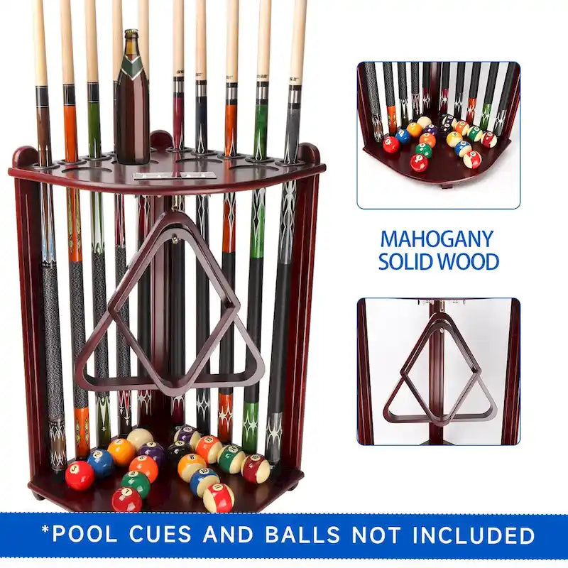 10-Pool Cue Wooden Corner-Style Billiard Rack with Floor Stand