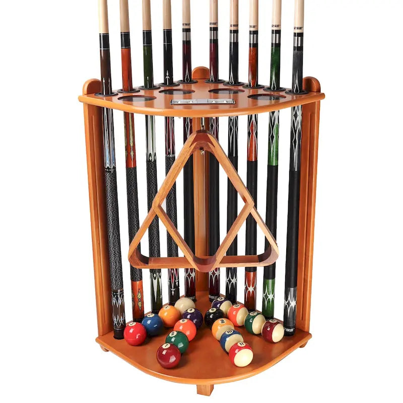 10-Pool Cue Wooden Corner-Style Billiard Rack with Floor Stand