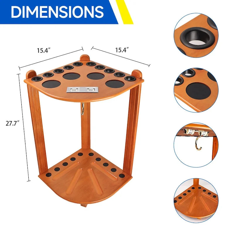 10-Pool Cue Wooden Corner-Style Billiard Rack with Floor Stand