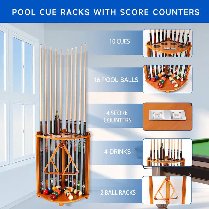 10-Pool Cue Wooden Corner-Style Billiard Rack with Floor Stand