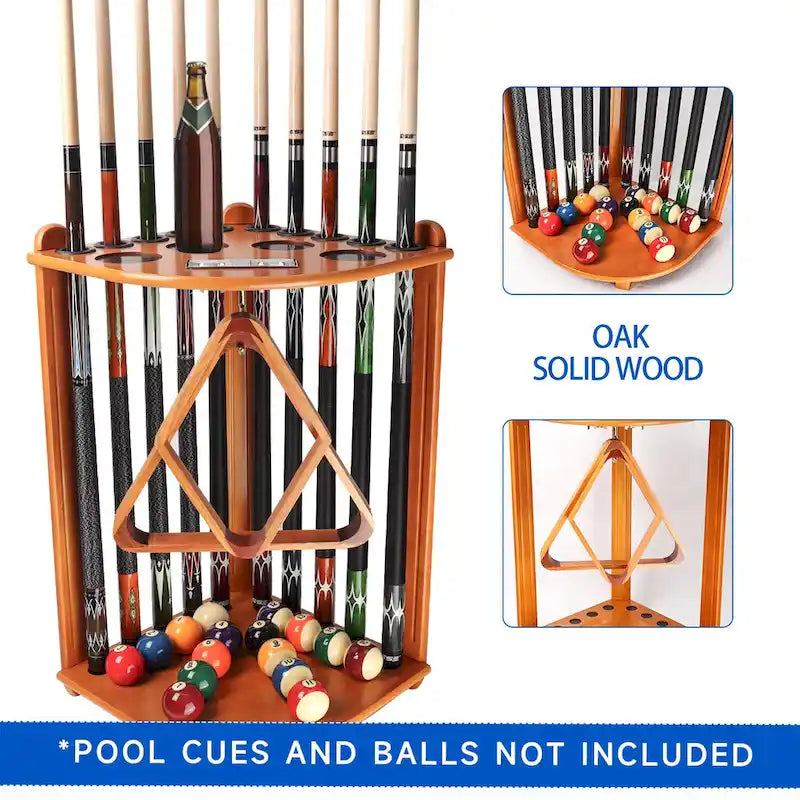 10-Pool Cue Wooden Corner-Style Billiard Rack with Floor Stand