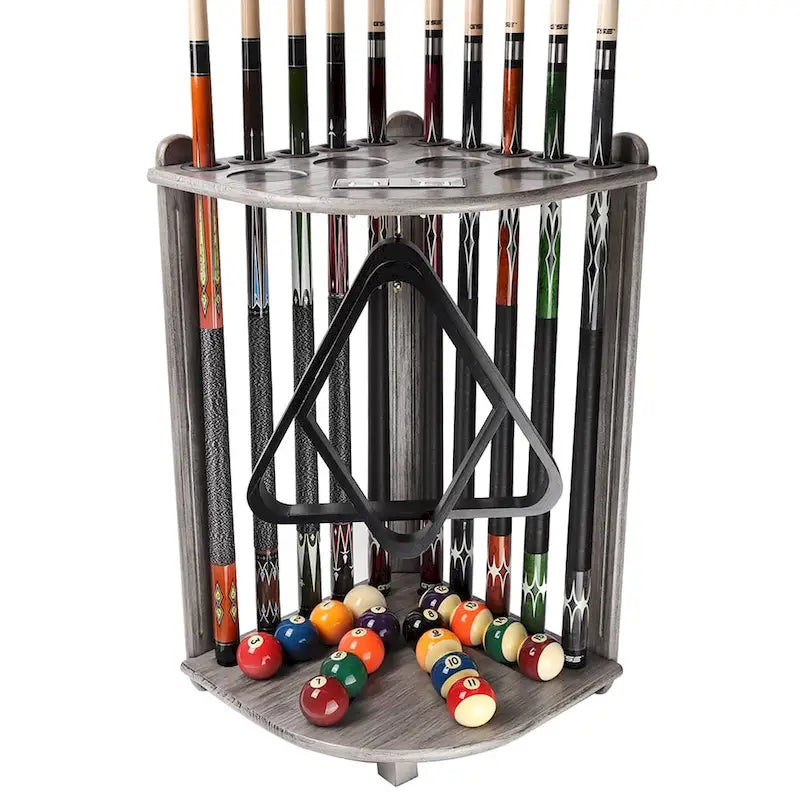 10-Pool Cue Wooden Corner-Style Billiard Rack with Floor Stand