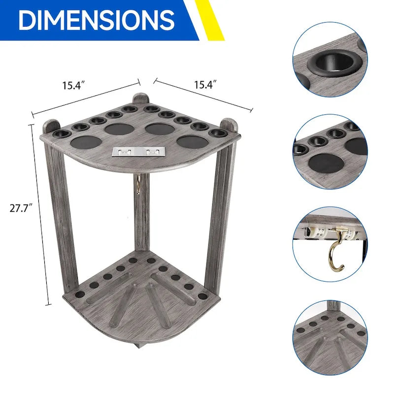 10-Pool Cue Wooden Corner-Style Billiard Rack with Floor Stand