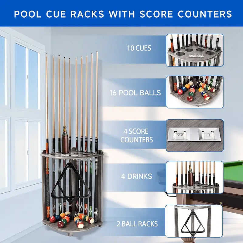 10-Pool Cue Wooden Corner-Style Billiard Rack with Floor Stand