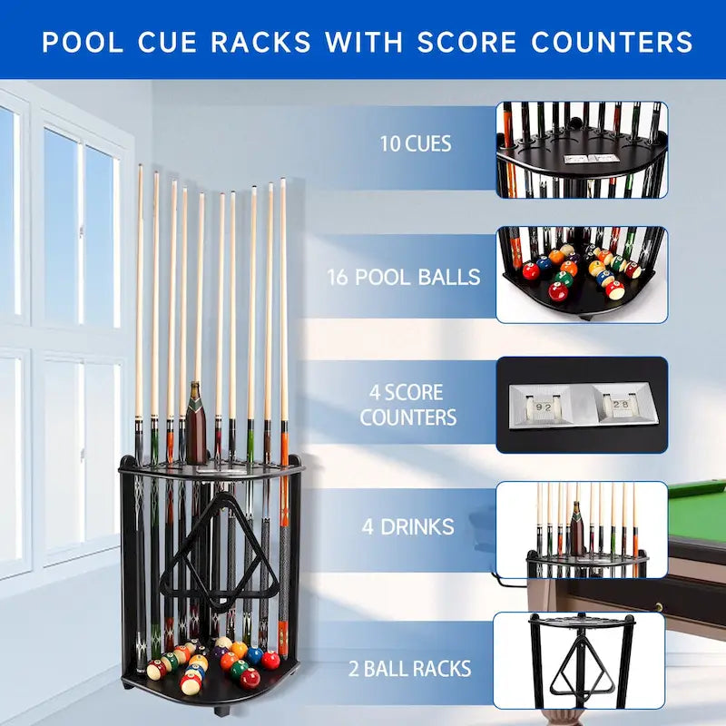 10-Pool Cue Wooden Corner-Style Billiard Rack with Floor Stand