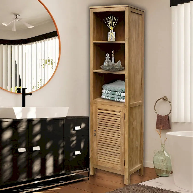 Recycled Teak Wood Vertical Bathroom Linen Cabinet with 1 Louvered Door & 3 Shelves