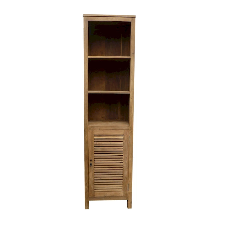 Recycled Teak Wood Vertical Bathroom Linen Cabinet with 1 Louvered Door & 3 Shelves