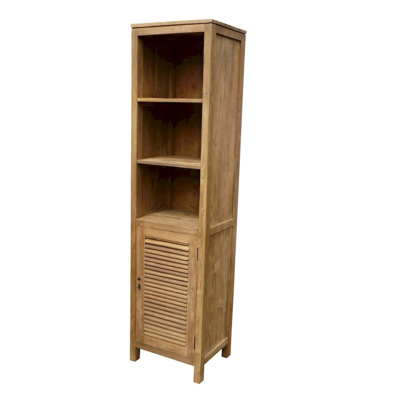Recycled Teak Wood Vertical Bathroom Linen Cabinet with 1 Louvered Door & 3 Shelves
