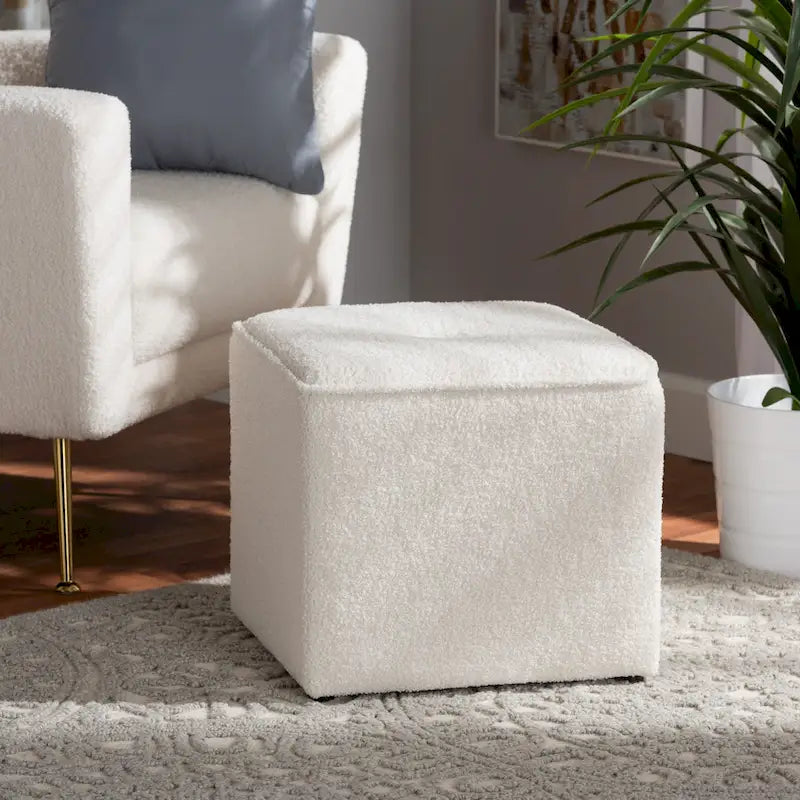 Modern Contemporary Ivory Boucle Upholstered Ottoman