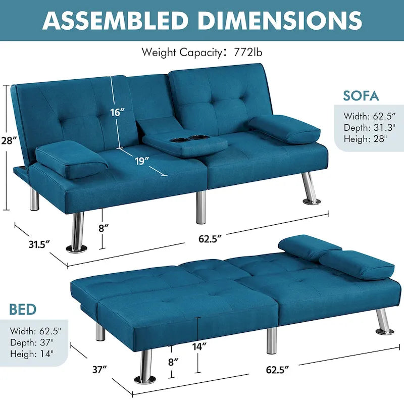 Fabric Upholstered Convertible Futon Sofa Bed