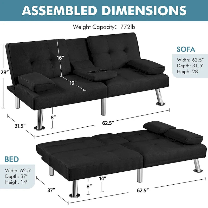 Fabric Upholstered Convertible Futon Sofa Bed