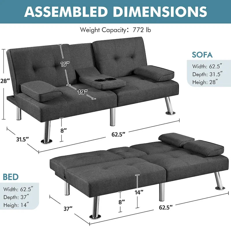 Fabric Upholstered Convertible Futon Sofa Bed