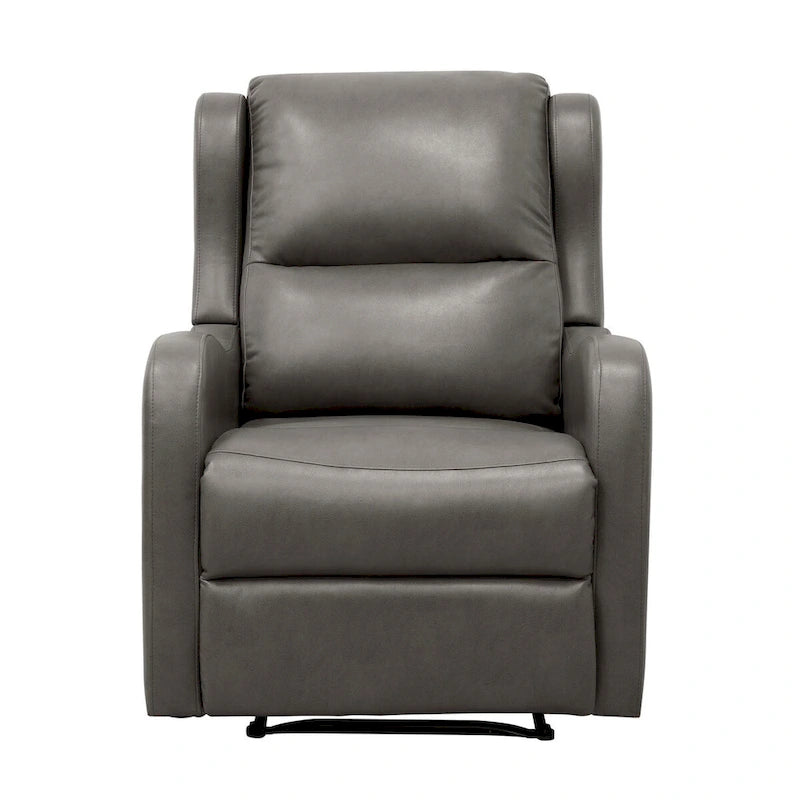 38 Inch Manual Recliner Chair, Cushioned Gray Faux Leather, Solid Wood