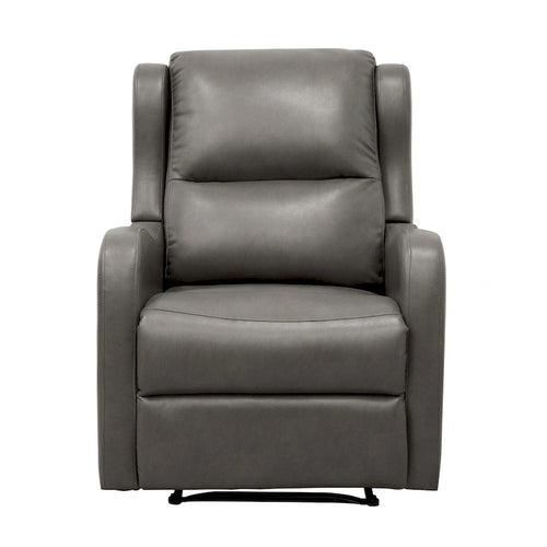 38 Inch Manual Recliner Chair, Cushioned Gray Faux Leather, Solid Wood