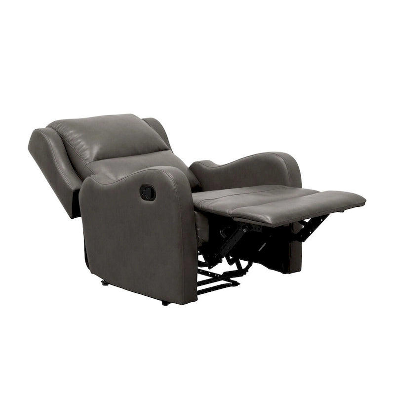 38 Inch Manual Recliner Chair, Cushioned Gray Faux Leather, Solid Wood