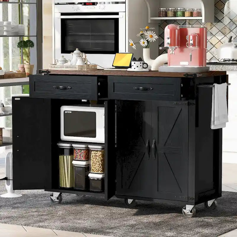 53.5" Farmhouse Kitchen Island with Power Outlet, Drop Leaf, Spice Rack, and Drawers