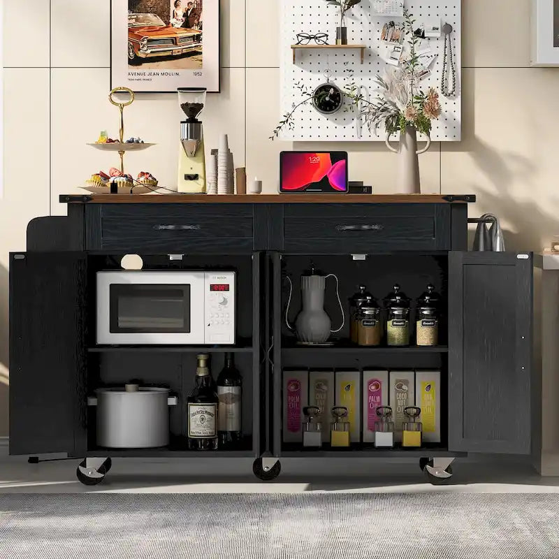 53.5" Farmhouse Kitchen Island with Power Outlet, Drop Leaf, Spice Rack, and Drawers