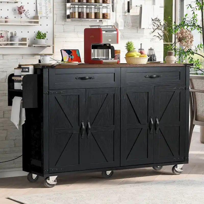 53.5" Farmhouse Kitchen Island with Power Outlet, Drop Leaf, Spice Rack, and Drawers