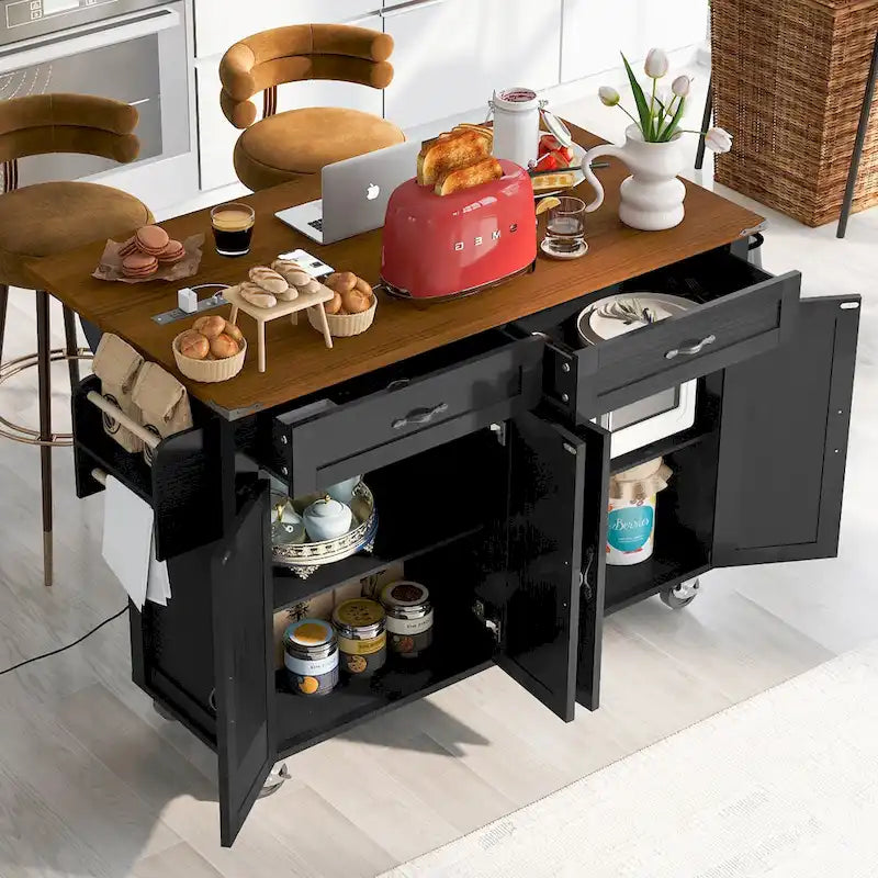 53.5" Farmhouse Kitchen Island with Power Outlet, Drop Leaf, Spice Rack, and Drawers