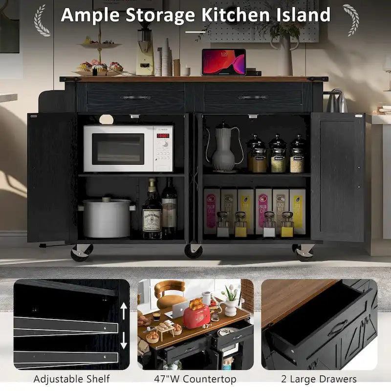 53.5" Farmhouse Kitchen Island with Power Outlet, Drop Leaf, Spice Rack, and Drawers