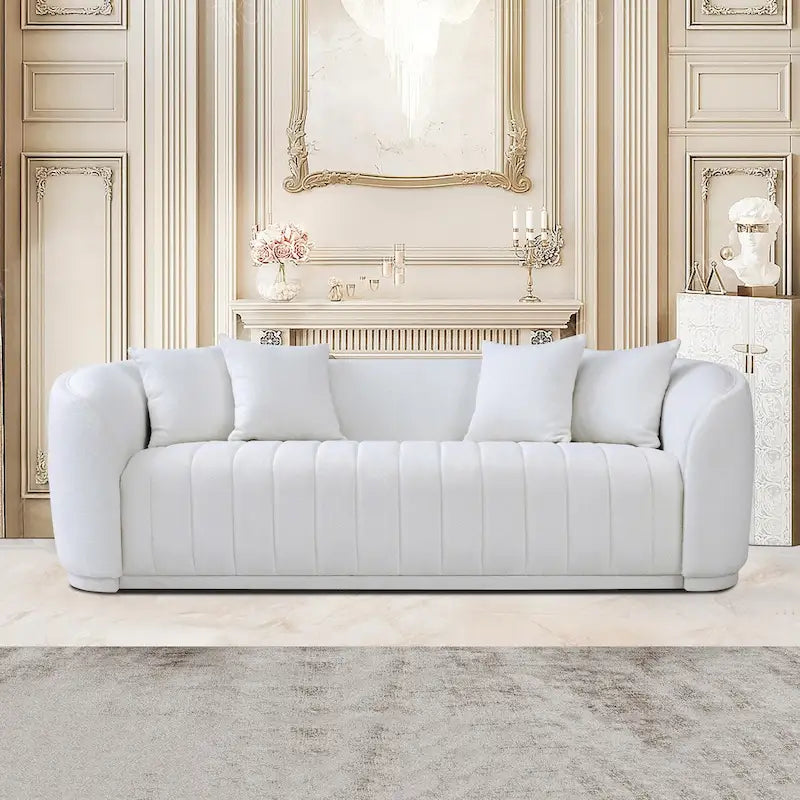 Mid Century Modern Tight Back Boucle Couch in White