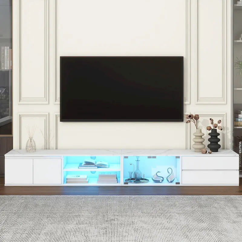 Modern TV Stand for TVs Up to 105,Tempered Glass Doors,Entertainment Center with 2 Drawers & Cabinets for Living Room