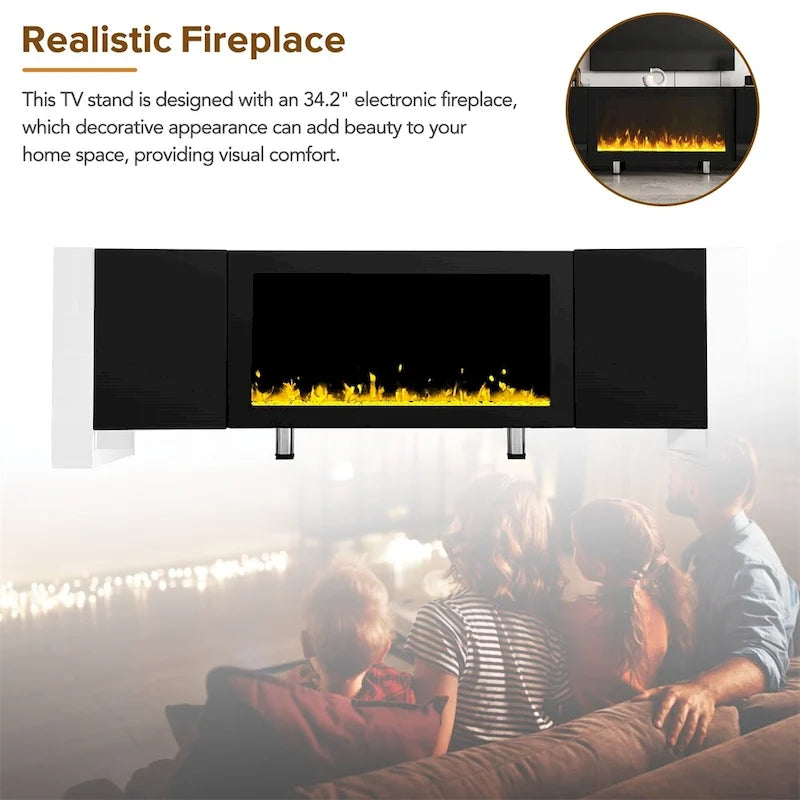 Modern TV Stand with 34.2 Non-heating Electric Fireplace and Cabinets