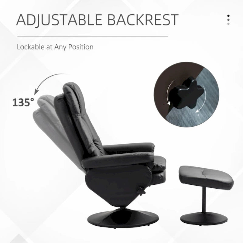 Recliner and Ottoman with Wrapped Base, Swivel PU Leather Reclining Chair with Footrest,Black