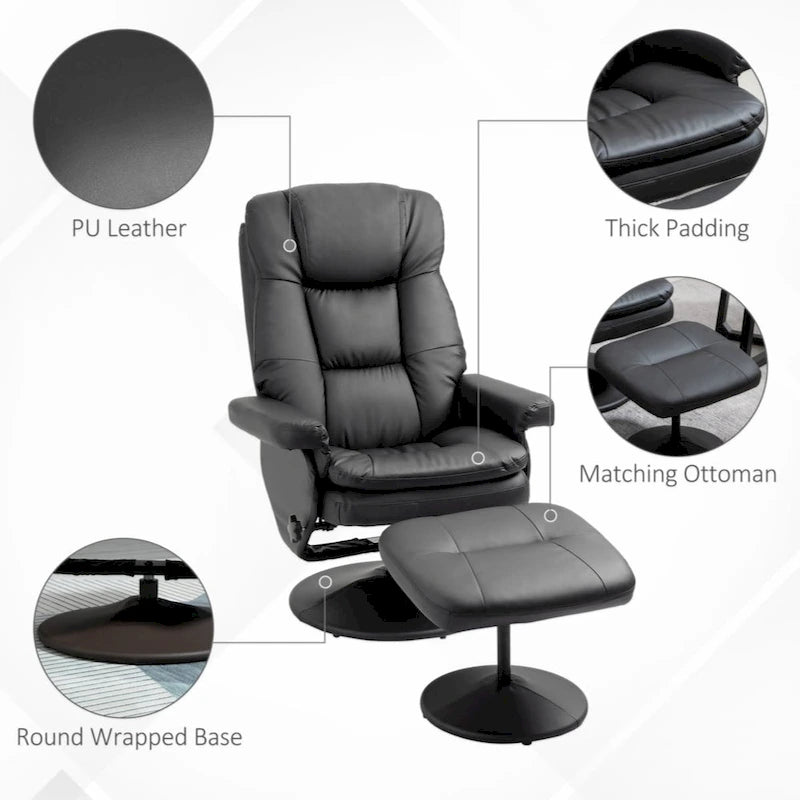 Recliner and Ottoman with Wrapped Base, Swivel PU Leather Reclining Chair with Footrest,Black