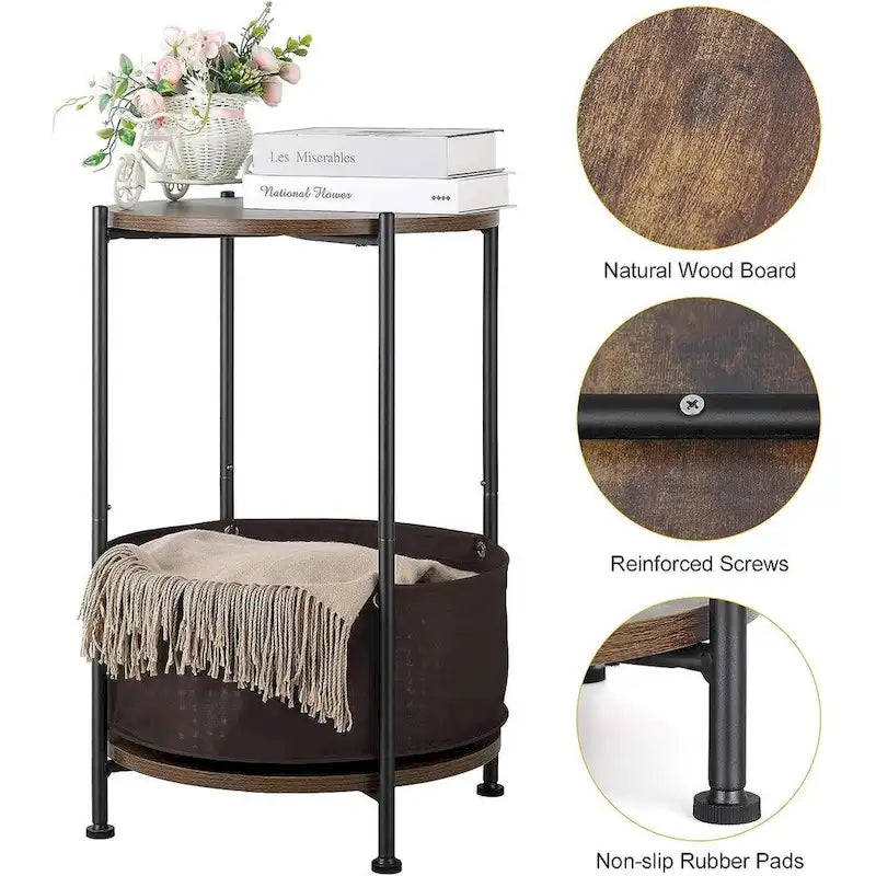 Round Storage End Table with Cloth Basket