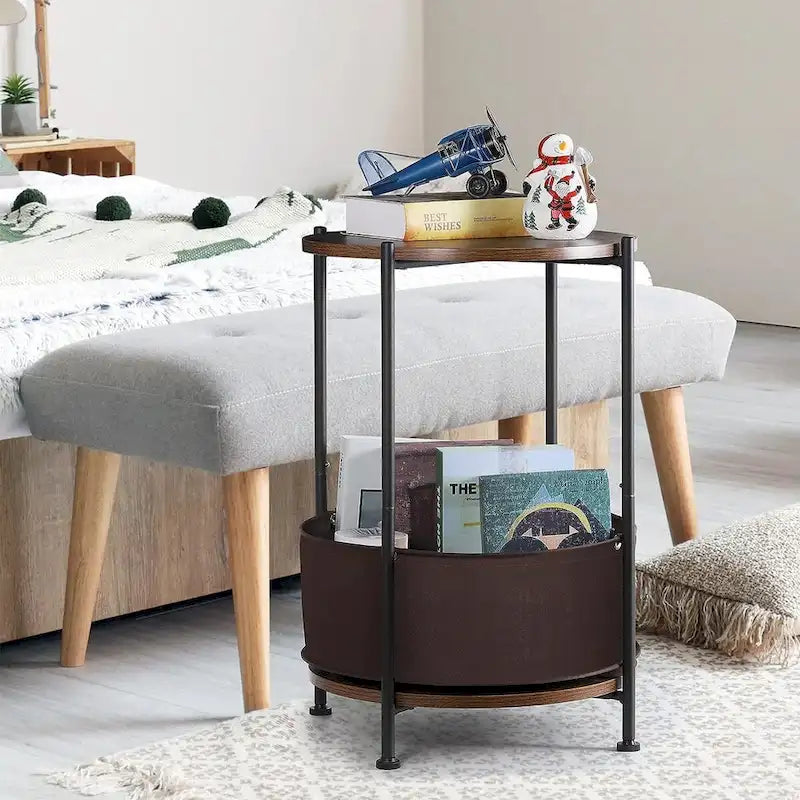 Round Storage End Table with Cloth Basket
