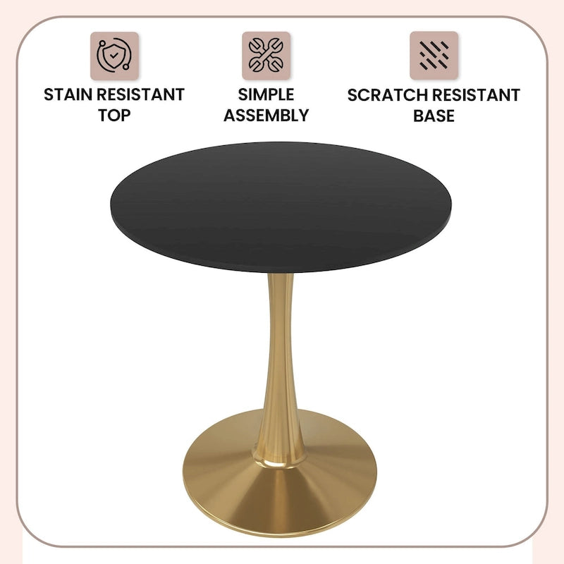 24" Round Dining Table for 4 with MDF Top and Gold Steel Base