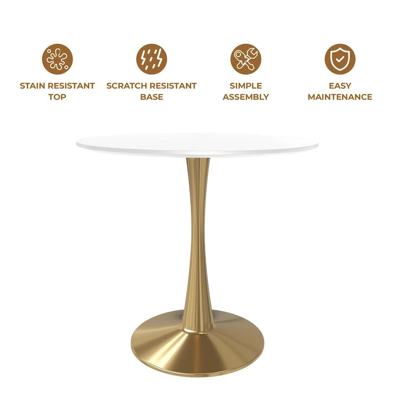 24" Round Dining Table for 4 with MDF Top and Gold Steel Base
