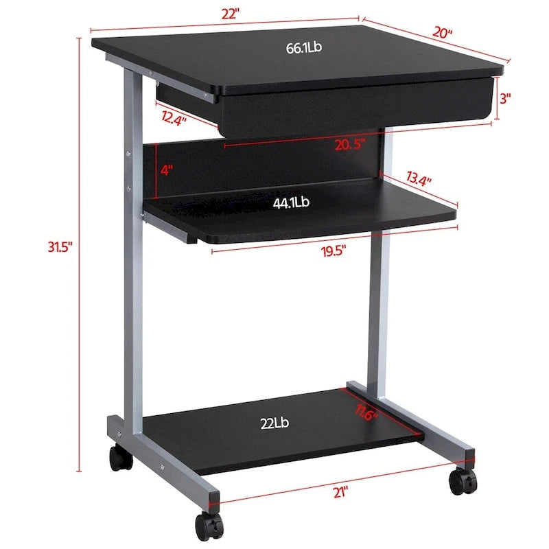 Rolling Computer Desk with Drawer and Shelf