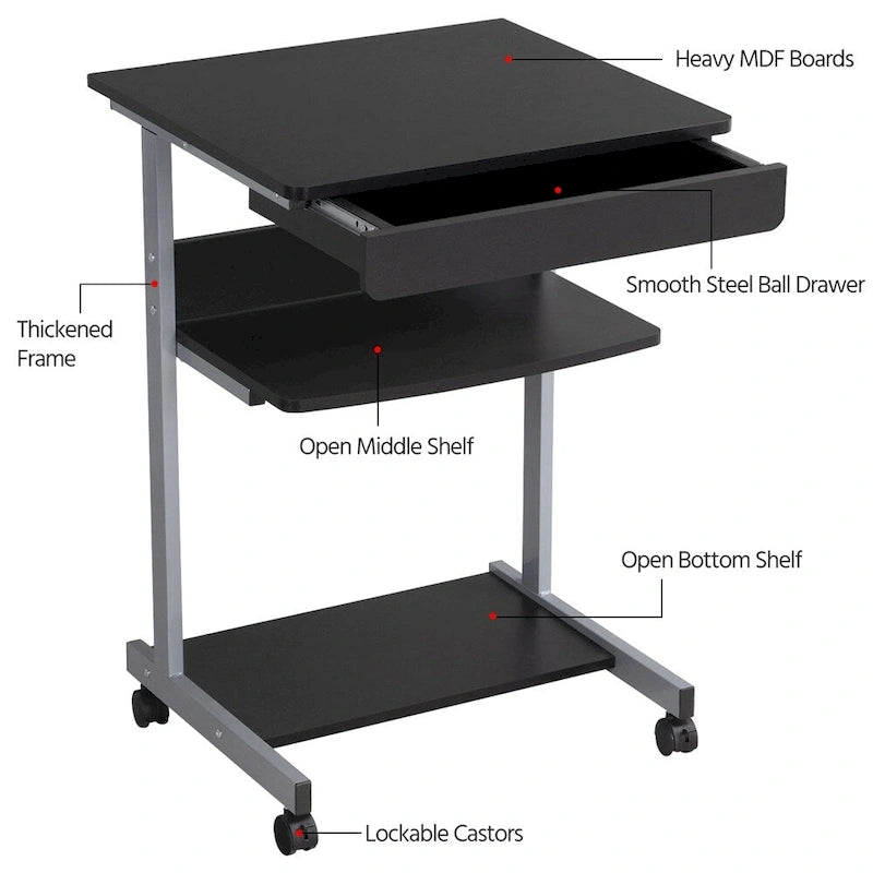 Rolling Computer Desk with Drawer and Shelf
