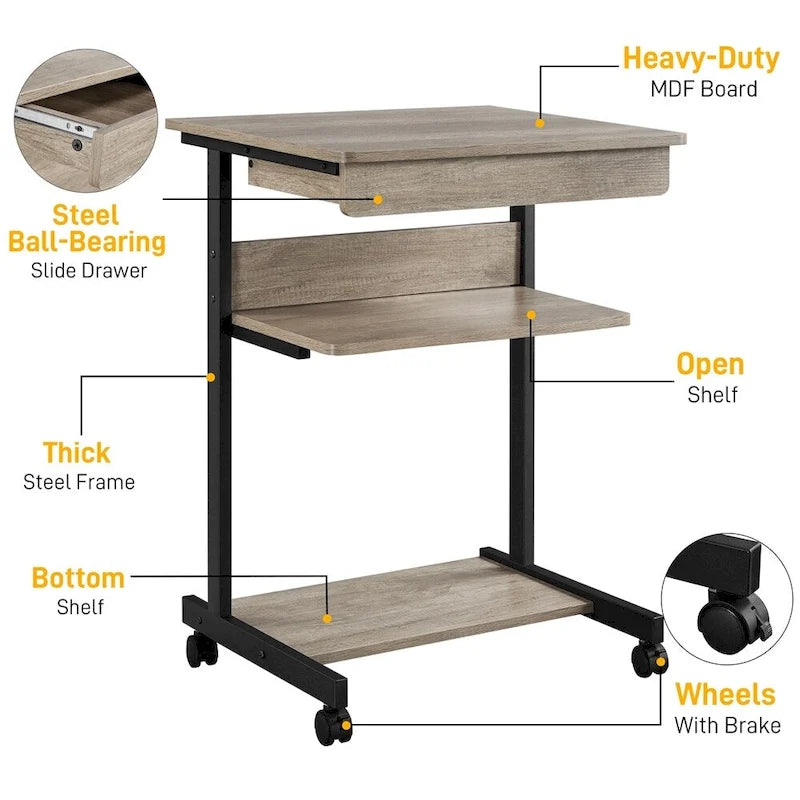 Rolling Computer Desk with Drawer and Shelf
