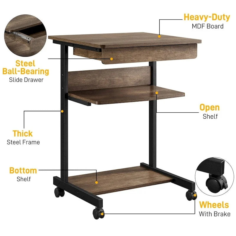 Rolling Computer Desk with Drawer and Shelf