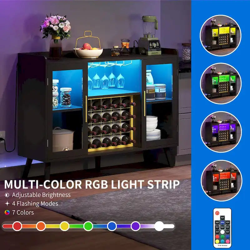 53 Wine Bar Cabinet Coffee Bar Cabinet for Liquor and Glasses with Led Lights & Power Outlets
