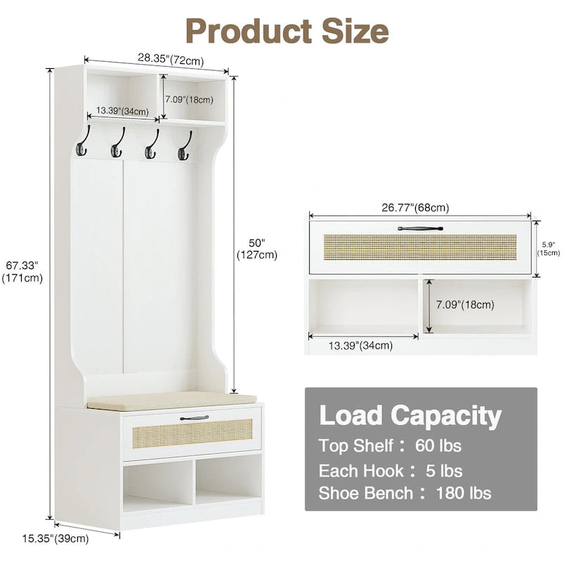67" 3-In-1 Hall Tree with Shoe Storage Bench and Coat Rack