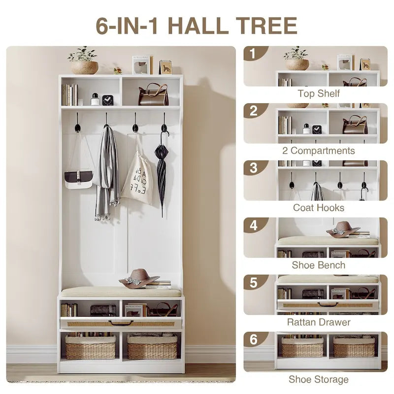 67" 3-In-1 Hall Tree with Shoe Storage Bench and Coat Rack