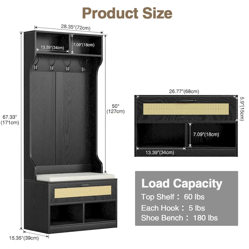67" 3-In-1 Hall Tree with Shoe Storage Bench and Coat Rack