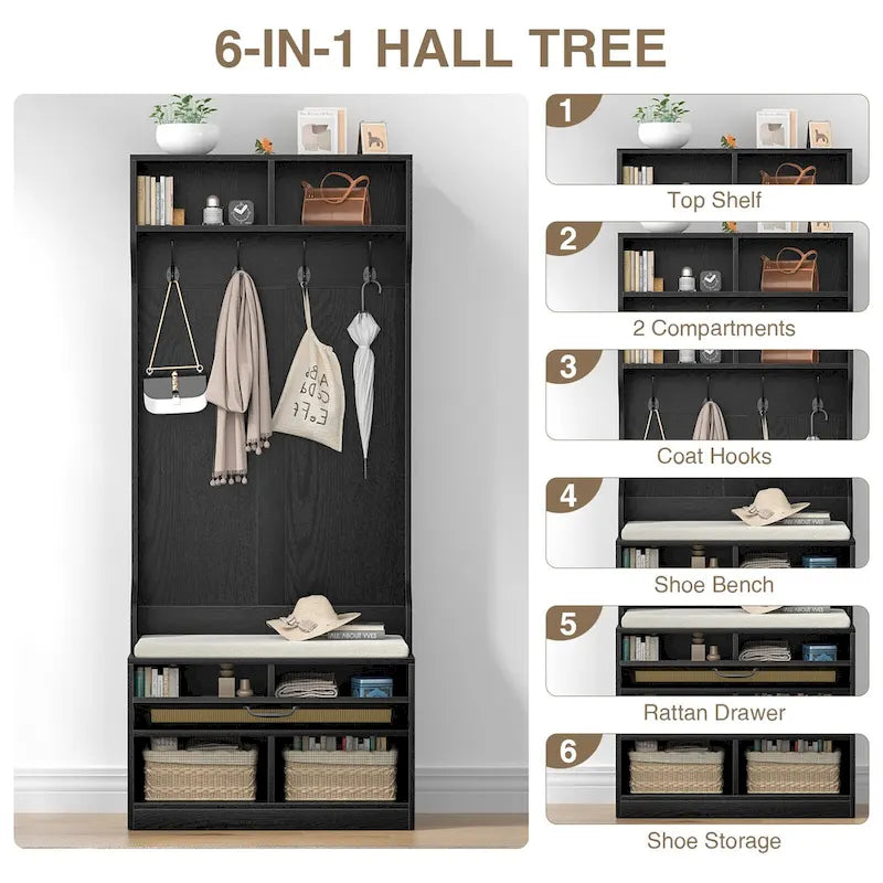 67" 3-In-1 Hall Tree with Shoe Storage Bench and Coat Rack
